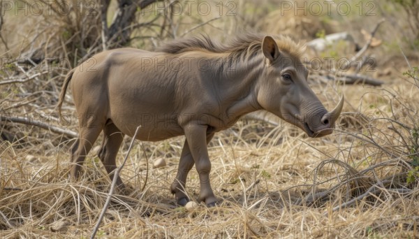 A close-up shot of a warthog (Phacochoerus aethiopicus), a wild pig species, walking through dry