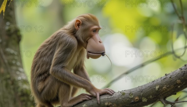 A Proboscis Monkey (Nasalis larvatus) with light brown fur sits on a tree branch, looking to the