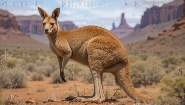 A majestic kangaroo stands tall in a desert environment, with red rock formations in the background