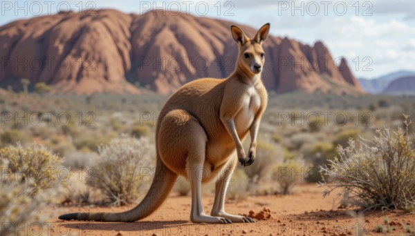 A majestic kangaroo stands proudly in the arid Australian outback, with a stunning red rock