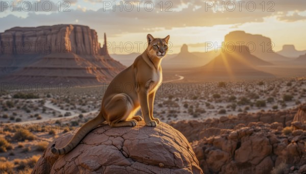A stunning cougar (Puma concolor) sits atop a rock formation, gazing out over the vast desert