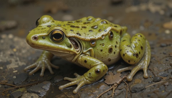 This detailed shot captures a green Edible Frog's (Rana esculenta) intricate features, highlighting