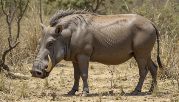 A side view of a warthog (Phacochoerus aethiopicus) standing in a dry, grassy environment,
