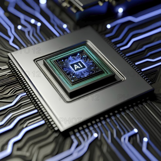 AI processor chip on a circuit boardAI, microchip, neon, blue lights, circuitry, close-up,