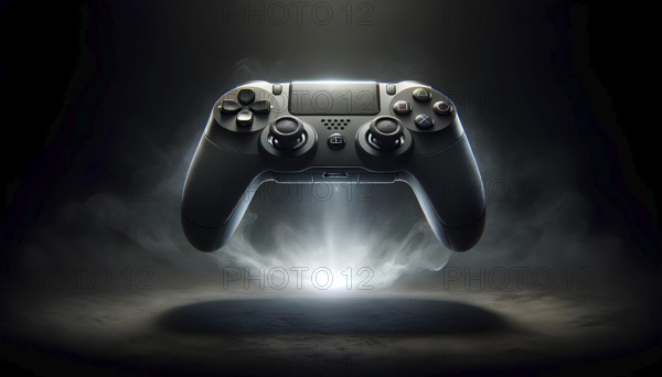 A black Playstation controller is suspended in midair. The controller is surrounded by a dark