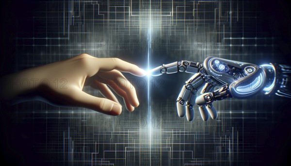 A robot hand is touching a human hand. Concept of human-robot interaction and the potential for