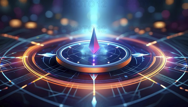 A blue and orange circle with a point in the center. The circle is surrounded by a colorful