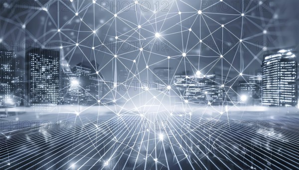 A cityscape with a network of lines connecting the buildings. Concept of connectivity and