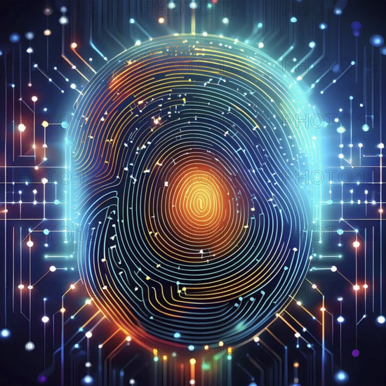 A colorful image of a fingerprint with a blue background. The image is abstract and has a