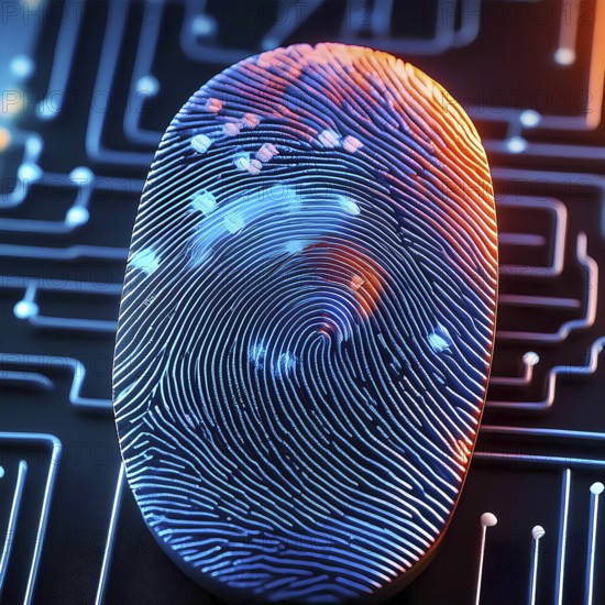 A finger print is shown on a circuit board. The finger print is in the center of the image and is
