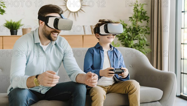 A man and a boy are sitting on a couch playing a video game. The boy is wearing a blue shirt and