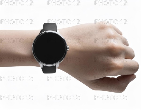Close-up of a person's wrist wearing a sleek smartwatch with a black strap and blank screen,