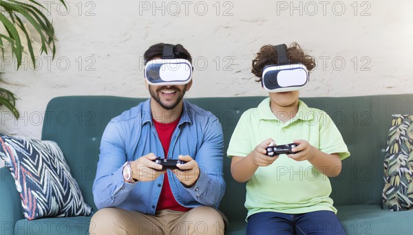 A man and a boy are playing a video game together on a couch. The boy is wearing a green shirt and