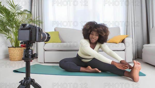 A woman is doing a yoga pose in front of a camera. The camera is on a tripod and is recording her