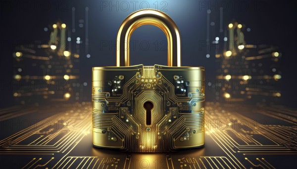 A high-tech golden padlock with intricate electronic circuits, symbolizing advanced cybersecurity