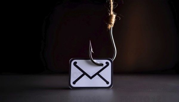 A picture of an email with a hook on it. The hook is attached to the envelope, and the envelope is