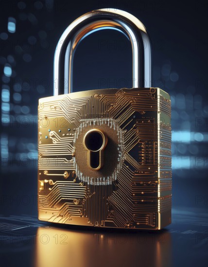 Closed golden padlock with electronic microchip and printed circuit board securing digital data, AI