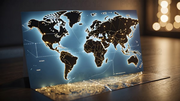 Continent world map. Outline World Map Background. Global network connection, AI generated