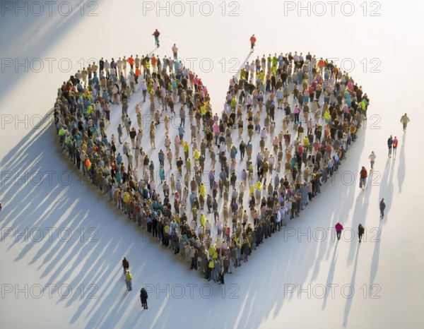 A diverse crowd of people standing together to form a heart shape, symbolizing community,