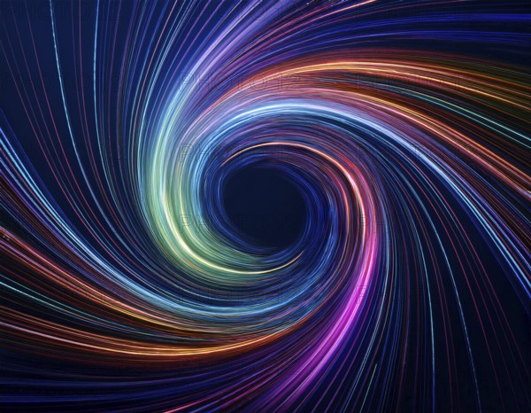 Abstract art depicting vibrant streaks of light forming a swirling vortex against a dark