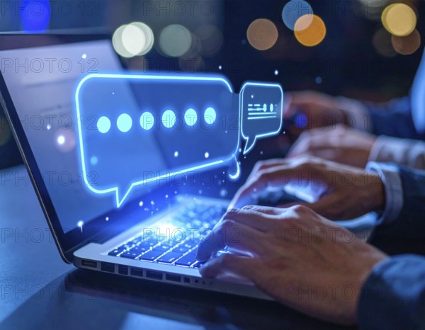 Futuristic AI chatbot hologram symbolizing digital communication, smart assistance, and innovative