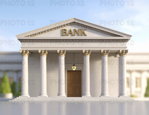 Bank building facade with classical columns, symbolizing finance, economic stability, investment
