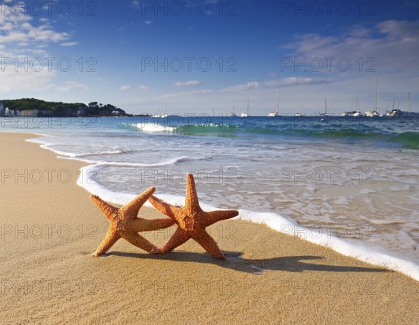 Starfish on a sandy beach create a serene and relaxing atmosphere, symbolizing nature and coastal