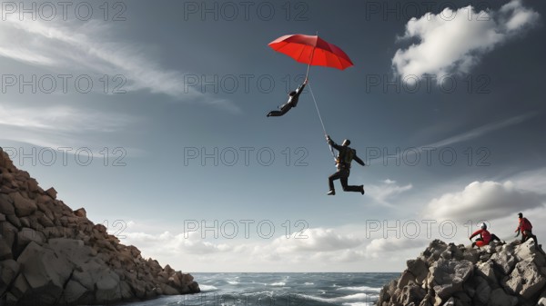 Concept of business, risk taking, safety, challenge, concentration. Surreal adventure, epic scene