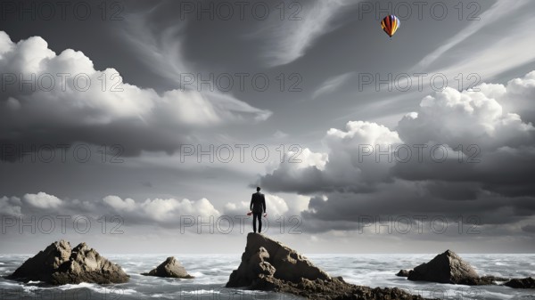 Concept of business, risk taking, safety, challenge, concentration. Surreal adventure, epic scene