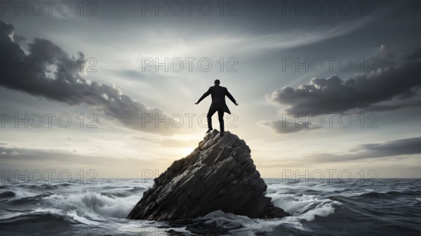Concept of business, risk taking, safety, challenge, concentration. Surreal adventure, epic scene