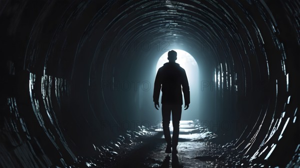Silhouette of a man on the edge of the wood tunnel looking down. Silhouette in a subway tunnel.