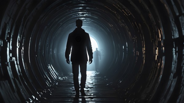Silhouette of a man on the edge of the wood tunnel looking down. Silhouette in a subway tunnel.