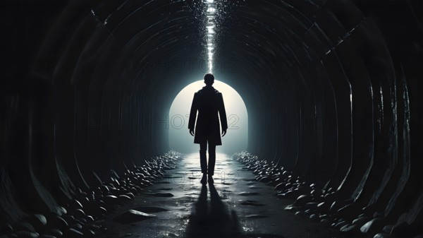 Silhouette of a man on the edge of the wood tunnel looking down. Silhouette in a subway tunnel.