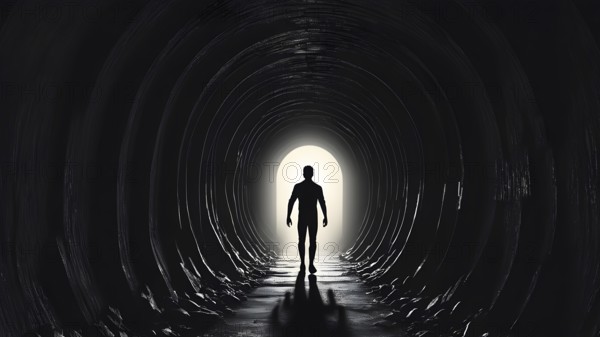 Silhouette of a man on the edge of the wood tunnel looking down. Silhouette in a subway tunnel.