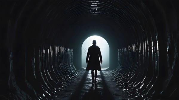 Silhouette of a man on the edge of the wood tunnel looking down. Silhouette in a subway tunnel.