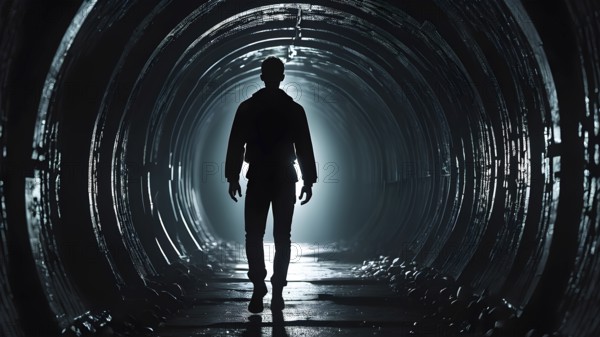 Silhouette of a man on the edge of the wood tunnel looking down. Silhouette in a subway tunnel.