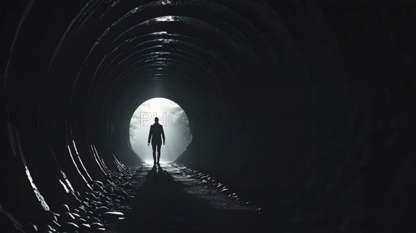 Silhouette of a man on the edge of the wood tunnel looking down. Silhouette in a subway tunnel.