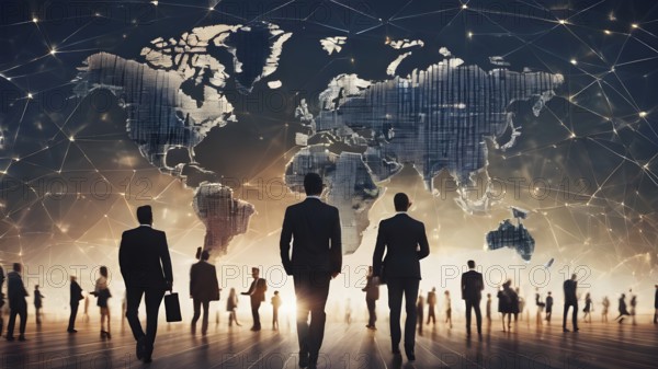 International business partnership. Business people standing silhouette on world map background,