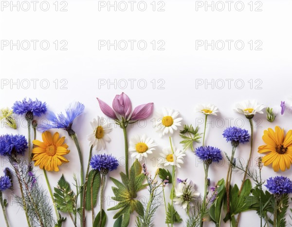 Beautiful arrangement of multiple vibrant wildflowers laid on a clean white surface, perfect for