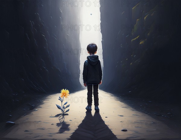 A dark canyon with a child standing near a blooming yellow flower, symbolizing hope in solitude, AI