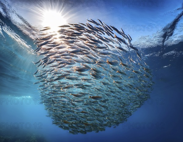Vivid underwater view of a fish school forming a natural pattern in clear blue ocean water,
