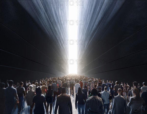 A large group of individuals moving toward a bright, glowing light in a narrowwall passage,