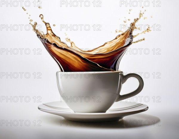 A visually dynamic splash of coffee leaping out of a sleek white cup, embodying energy and motion