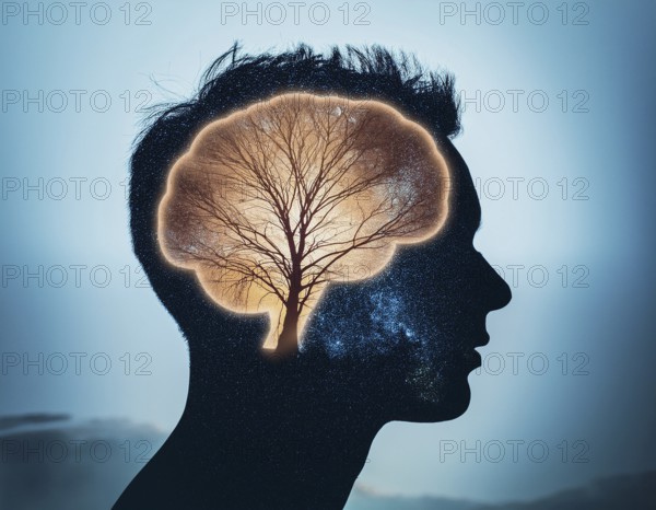 A creative representation of a human head silhouette incorporating an illuminated brain. The image