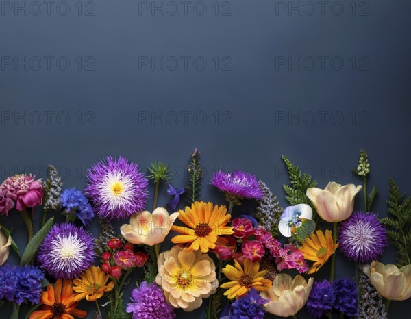 A variety of colorful wildflowers flourish on a hillside against a blurred mountainous backdrop.
