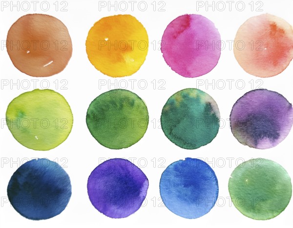Colorful watercolor circles painted on a white background create a vibrant and artistic design.