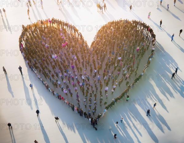 A diverse crowd of people standing together to form a heart shape, symbolizing community,