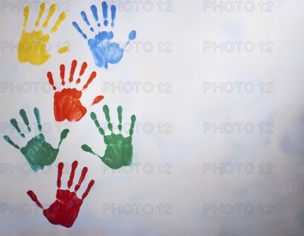 Brightly colored handprints in various hues arranged artistically on a textured white surface,