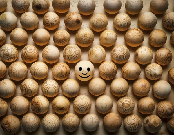 Wooden balls feature faces, one smiling among sad expressions, representing positivity or