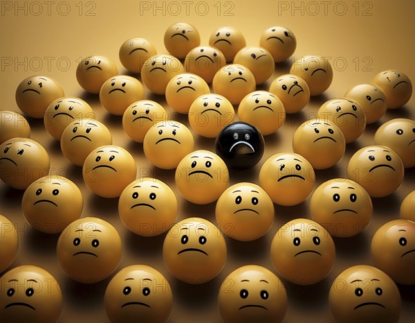 Wooden balls feature faces, one smiling among sad expressions, representing positivity or